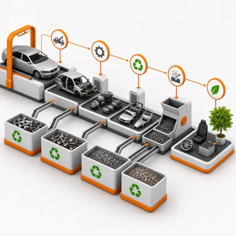 3D Darstellung eines geordneten Recyclingprozesses für Autos